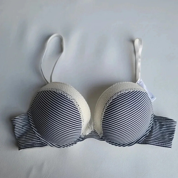 NWOT Laura Ashley Bra 36C Womens Navy Blue White Striped Padded Underwired Lace - Picture 1 of 9